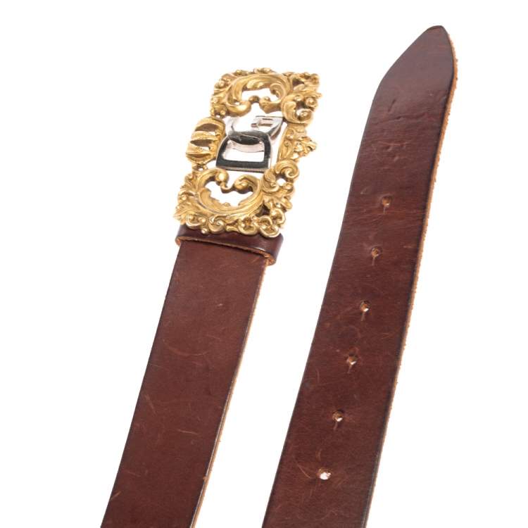 Pre Owned Dolce & Gabbana Dark Brown Leather Metal Baroque Logo Belt 90CM