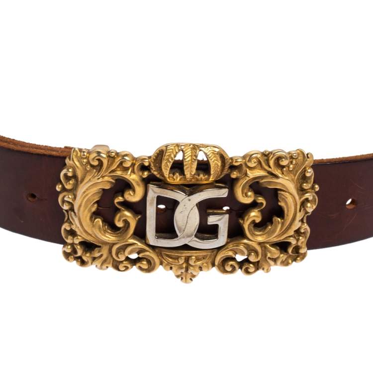 Pre Owned Dolce & Gabbana Dark Brown Leather Metal Baroque Logo Belt 90CM