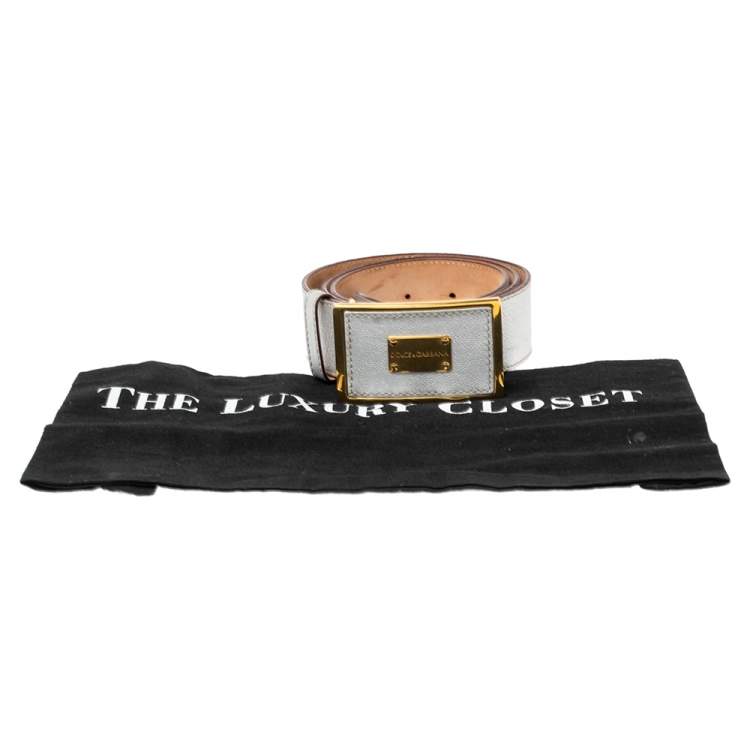 Pre Owned Dolce & Gabbana Metallic Silver Leather Logo Plaque Buckle Belt 85CM