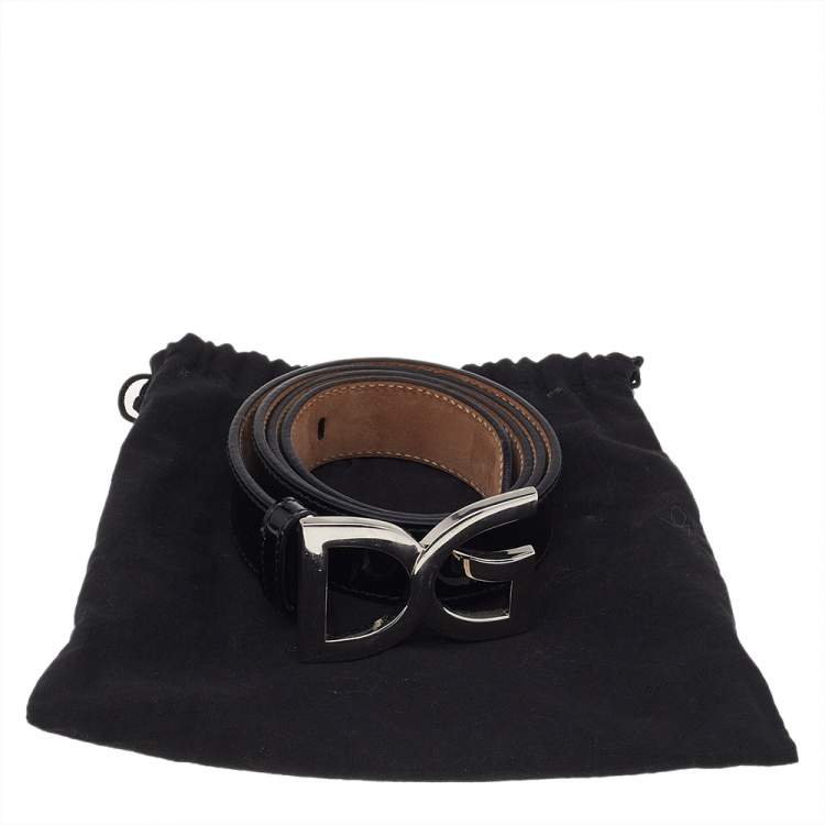 Pre Owned Dolce & Gabbana Black Patent Leather Logo Buckle Belt 90 CM