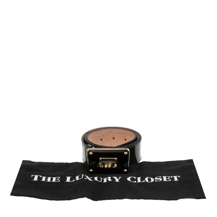 Pre Owned Dolce&Gabbana Green Patent Leather Logo Plaque Belt 80 CM