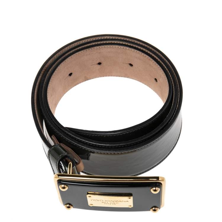 Pre Owned Dolce&Gabbana Green Patent Leather Logo Plaque Belt 80 CM