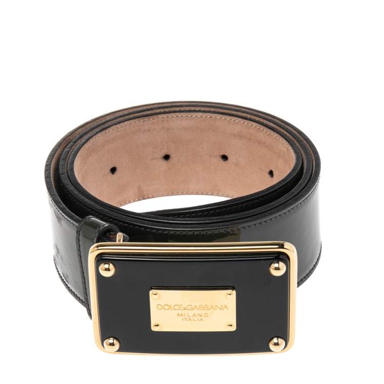 Pre Owned Dolce&Gabbana Green Patent Leather Logo Plaque Belt 80 CM
