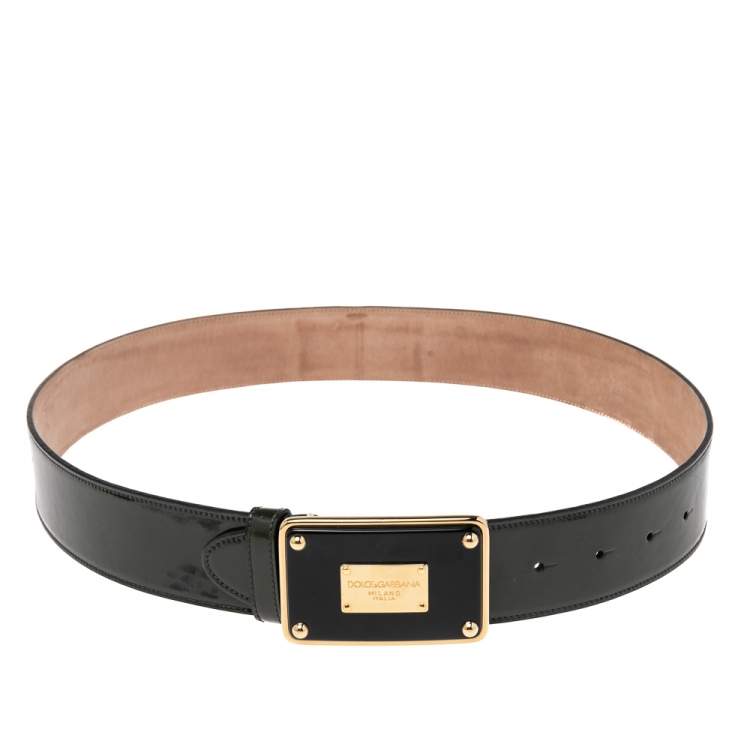 Pre Owned Dolce&Gabbana Green Patent Leather Logo Plaque Belt 80 CM