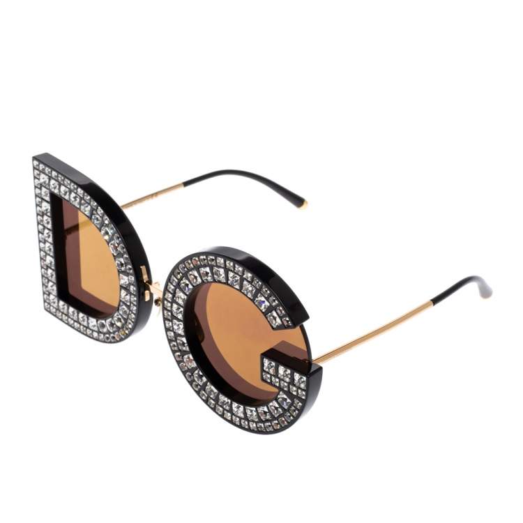 Pre Owned Dolce & Gabbana Black Acetate DG6121 DG Crystals Sunglasses