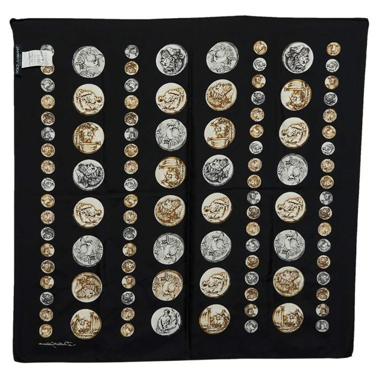 Pre Owned Dolce & Gabbana Black Coin Printed Silk Square Scarf