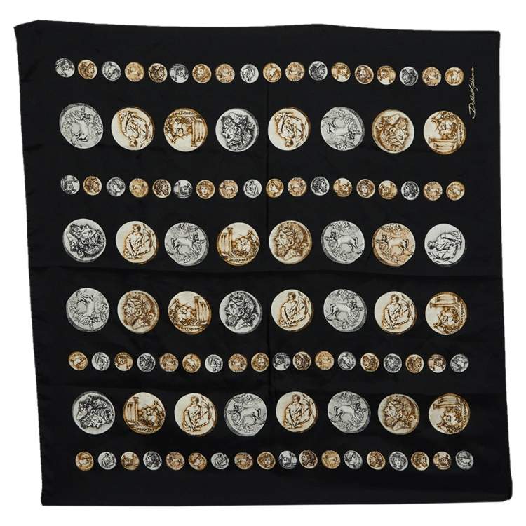 Pre Owned Dolce & Gabbana Black Coin Printed Silk Square Scarf