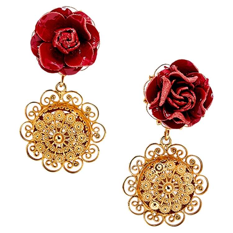 Pre Owned Dolce & Gabbana Red Floral Leather Sacred Heart Drop Earrings