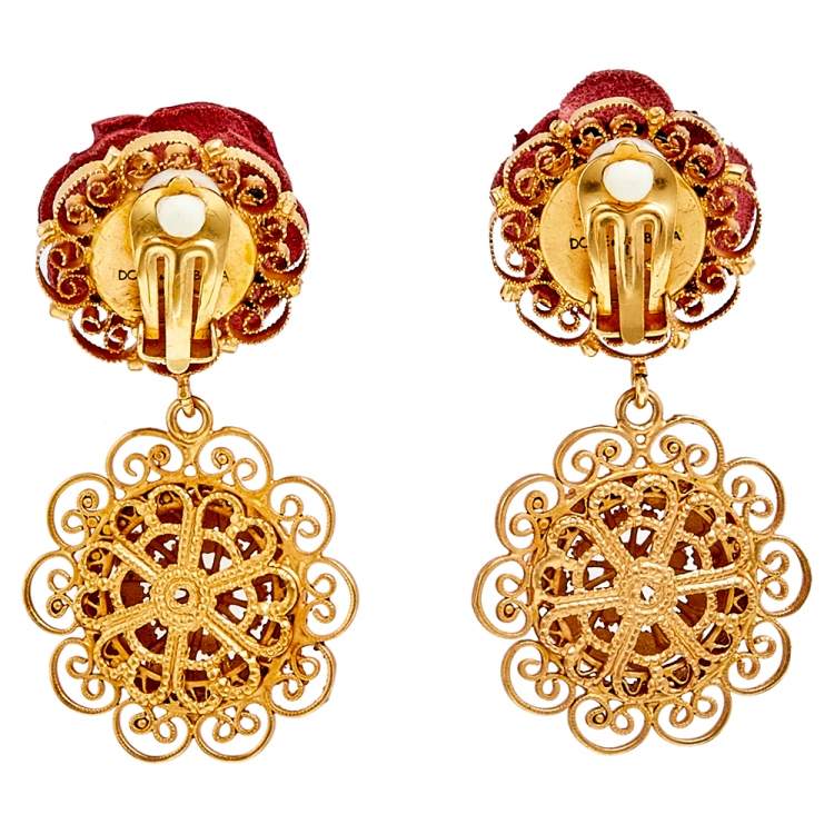 Pre Owned Dolce & Gabbana Red Floral Leather Sacred Heart Drop Earrings