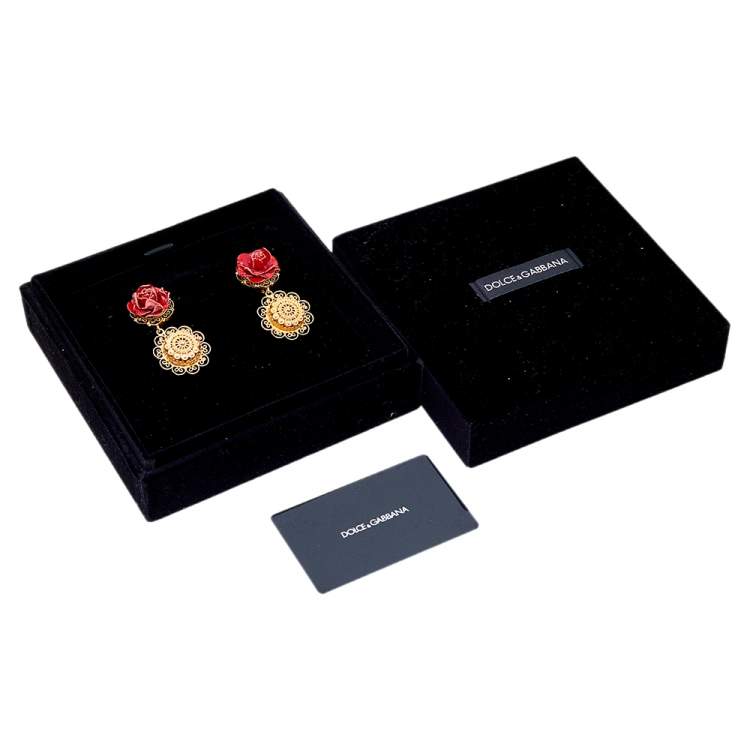 Pre Owned Dolce & Gabbana Red Floral Leather Sacred Heart Drop Earrings