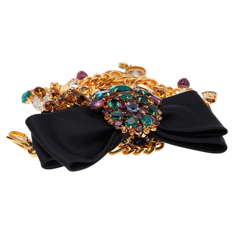Pre Owned Dolce & Gabbana Black Satin Bow Crystal Charms Chain Belt 85CM