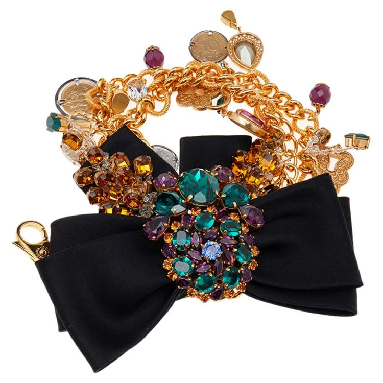 Pre Owned Dolce & Gabbana Black Satin Bow Crystal Charms Chain Belt 85CM