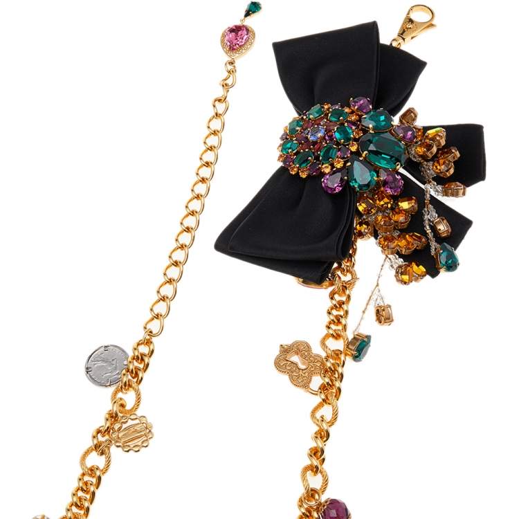 Pre Owned Dolce & Gabbana Black Satin Bow Crystal Charms Chain Belt 85CM