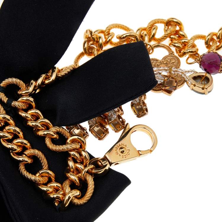 Pre Owned Dolce & Gabbana Black Satin Bow Crystal Charms Chain Belt 85CM