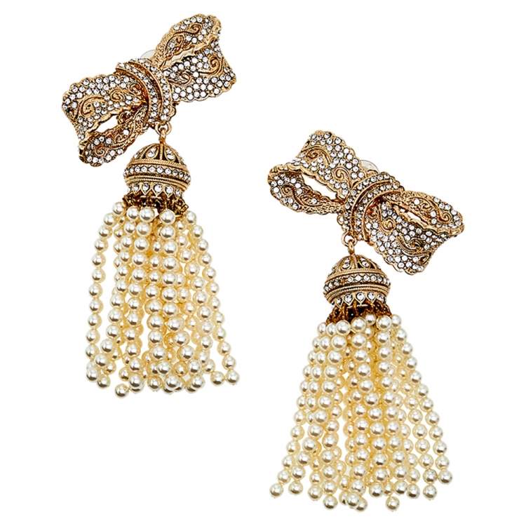 Pre Owned Dolce & Gabbana Gold Tone Crystal Bow Beaded Tassel Earrings