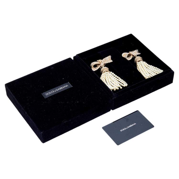 Pre Owned Dolce & Gabbana Gold Tone Crystal Bow Beaded Tassel Earrings