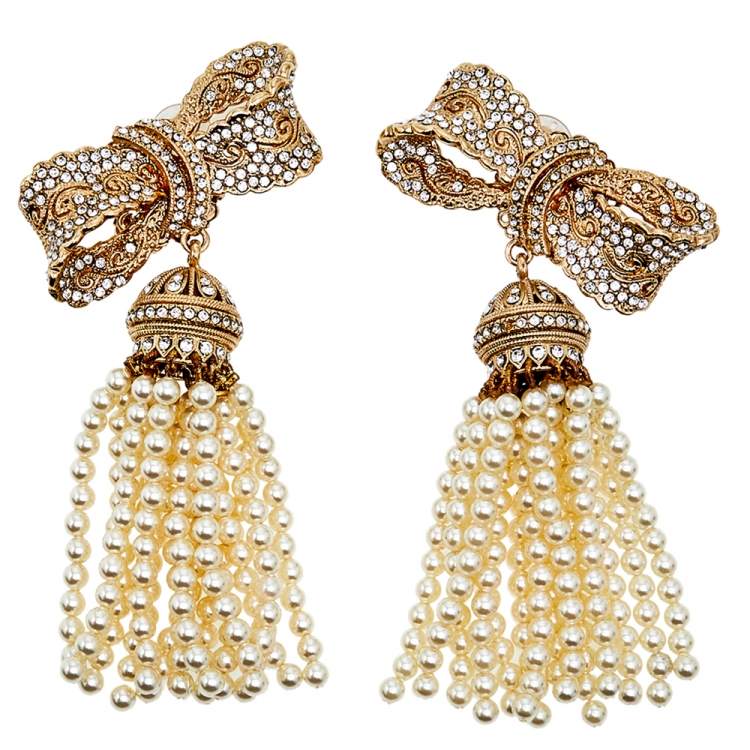 Pre Owned Dolce & Gabbana Gold Tone Crystal Bow Beaded Tassel Earrings