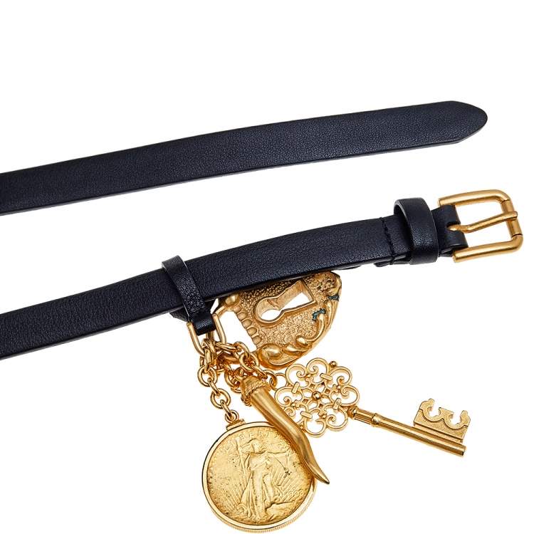 Pre Owned Dolce & Gabbana Black Leather Padlock Key Charm Slim Belt Size 85CM
