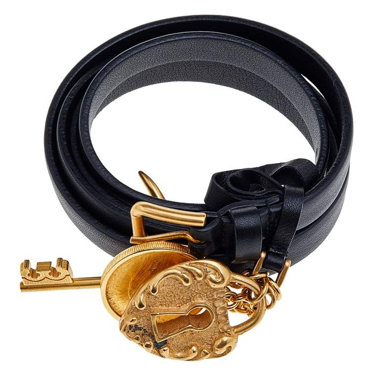 Pre Owned Dolce & Gabbana Black Leather Padlock Key Charm Slim Belt Size 85CM