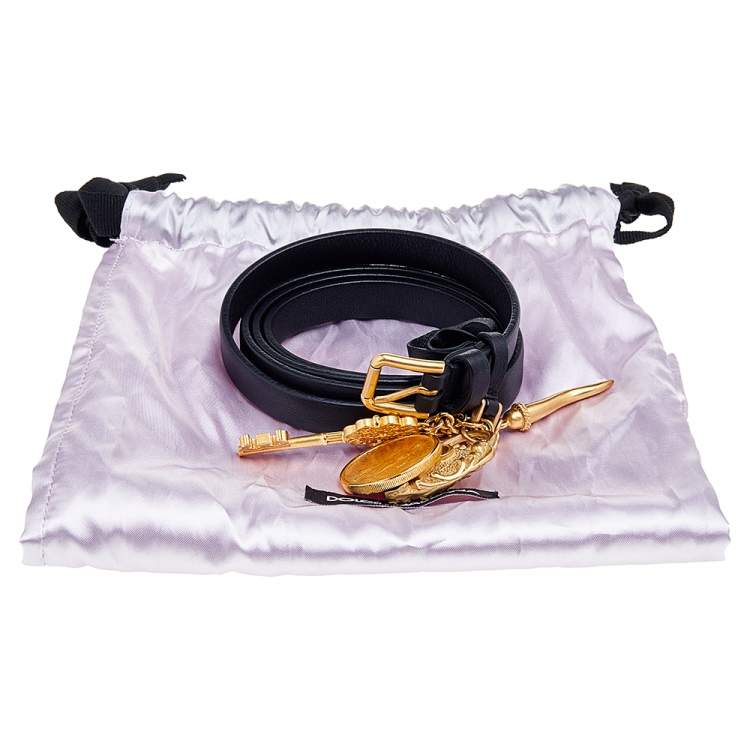 Pre Owned Dolce & Gabbana Black Leather Padlock Key Charm Slim Belt Size 85CM