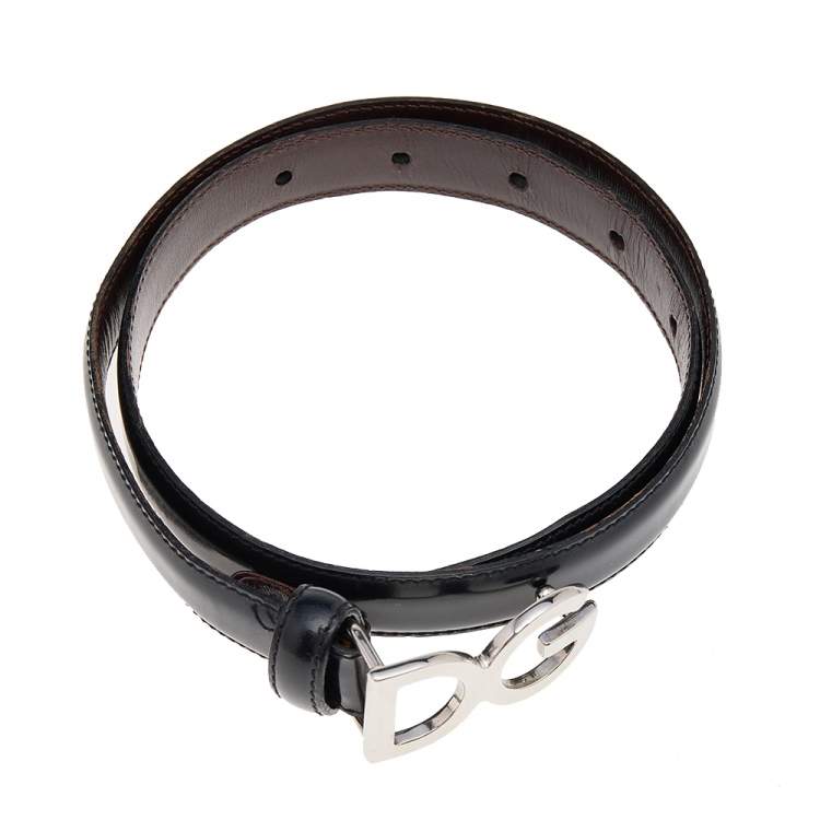Pre Owned Dolce & Gabbana Black Leather Slim DG Logo Belt 70 CM