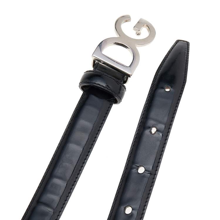 Pre Owned Dolce & Gabbana Black Leather Slim DG Logo Belt 70 CM