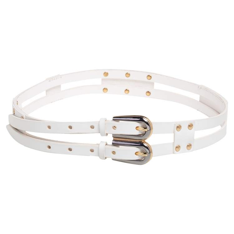 Pre Owned Dolce & Gabbana White Leather Double Buckle Belt 85 CM