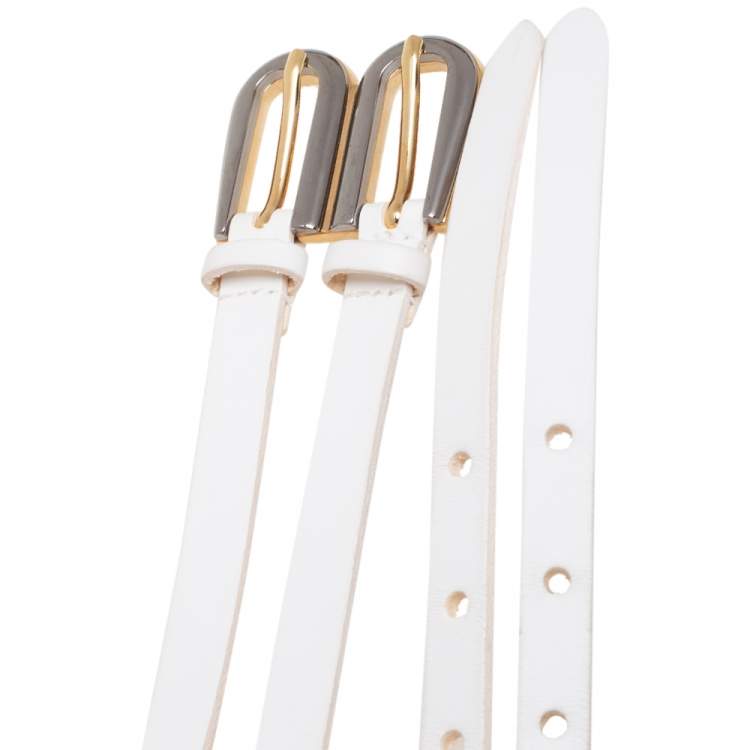 Pre Owned Dolce & Gabbana White Leather Double Buckle Belt 85 CM