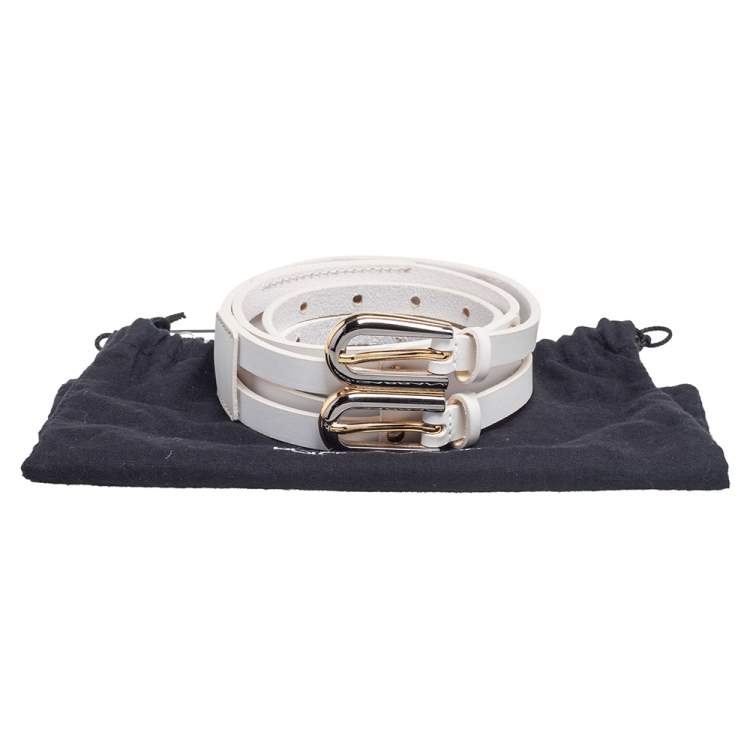 Pre Owned Dolce & Gabbana White Leather Double Buckle Belt 85 CM