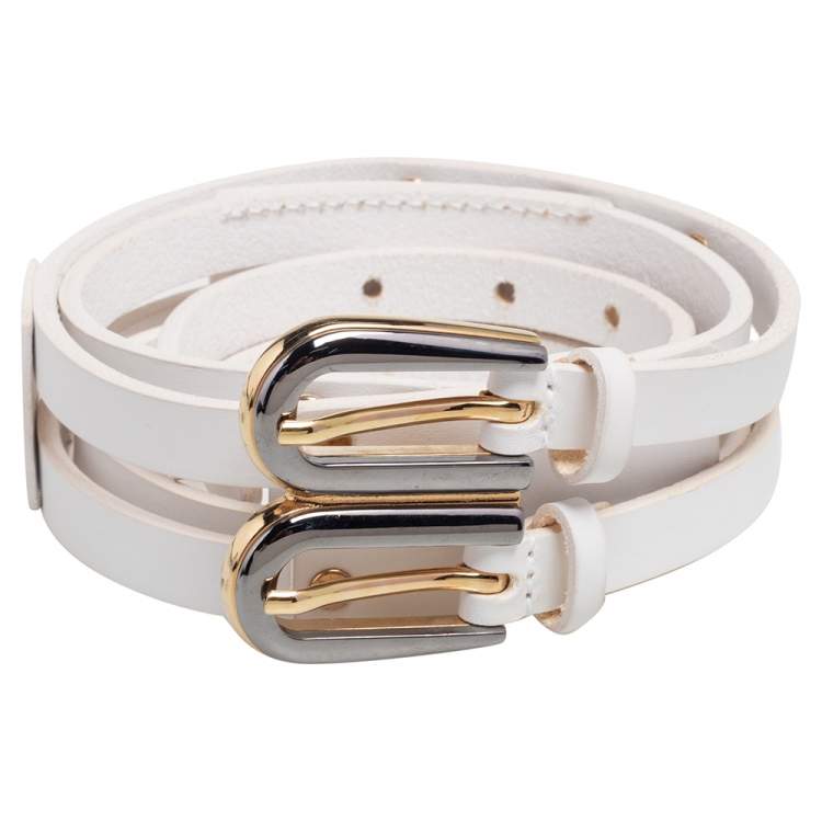 Pre Owned Dolce & Gabbana White Leather Double Buckle Belt 85 CM