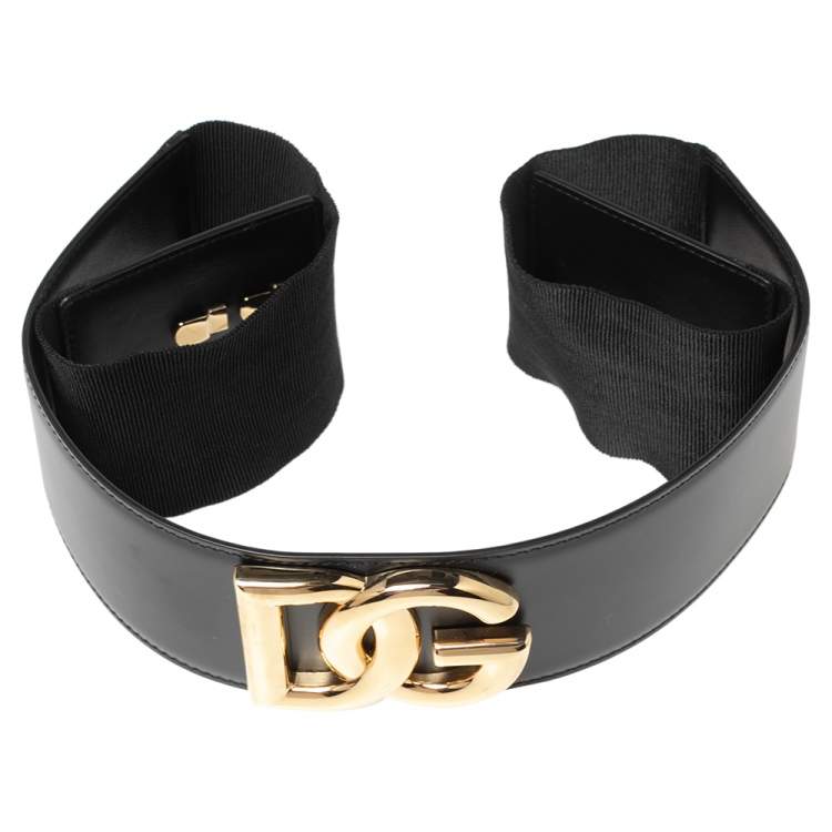 Pre Owned Dolce & Gabbana Black Leather and Elastic DG Logo Belt 95 CM