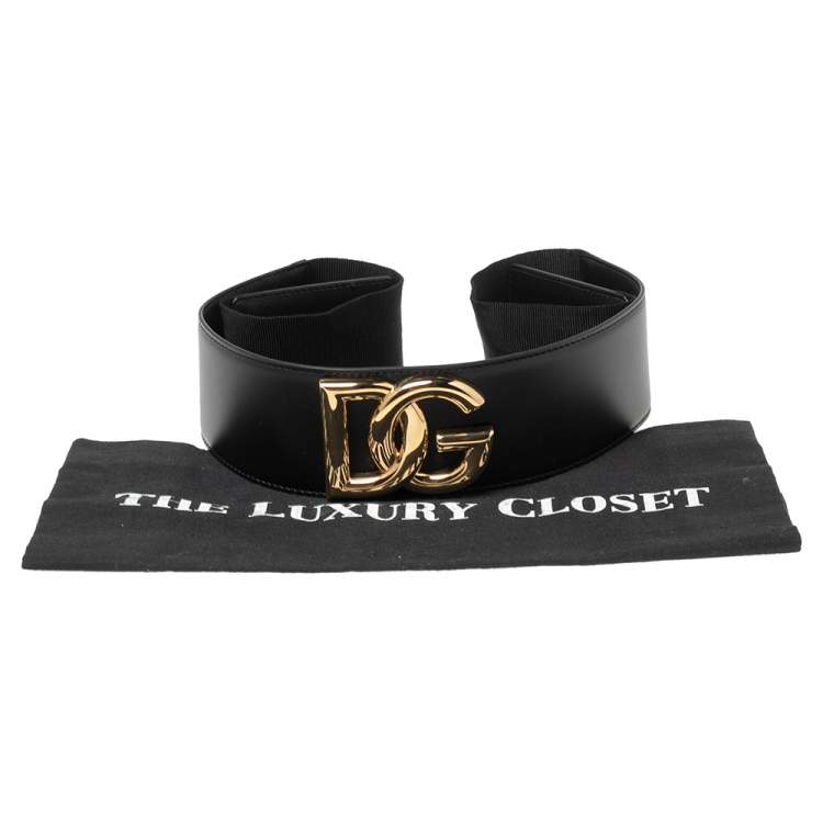 Pre Owned Dolce & Gabbana Black Leather and Elastic DG Logo Belt 95 CM