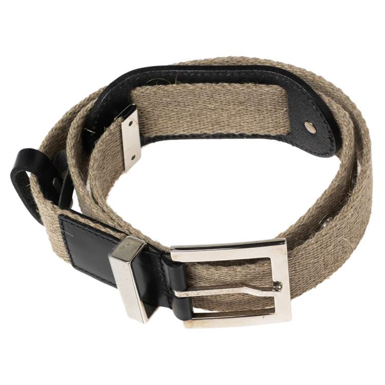 Pre Owned Dolce & Gabbana Beige Canvas and Leather Plaque Detail Waist Belt 75CM