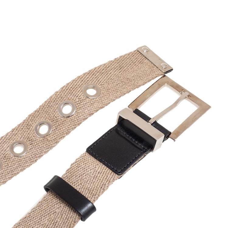 Pre Owned Dolce & Gabbana Beige Canvas and Leather Plaque Detail Waist Belt 70CM