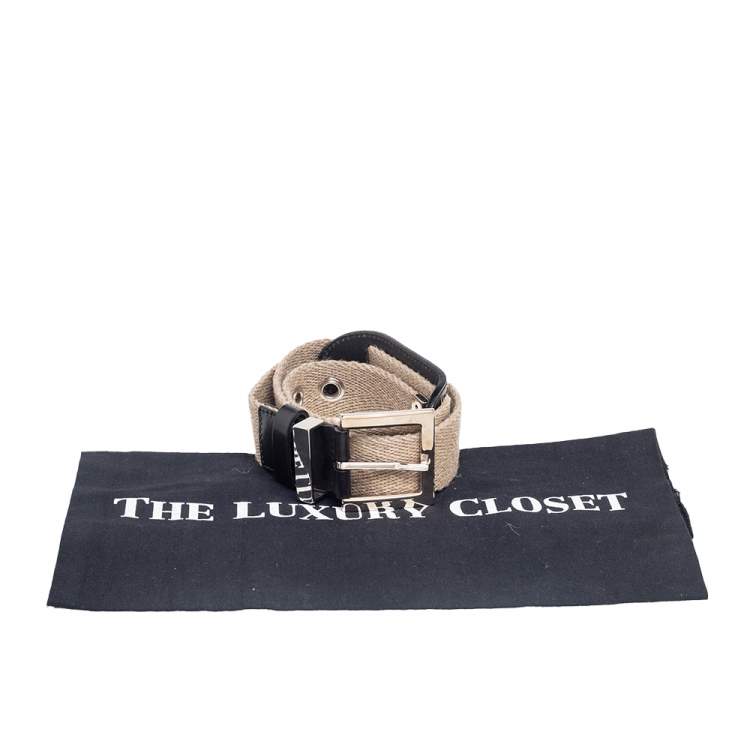 Pre Owned Dolce & Gabbana Beige Canvas and Leather Plaque Detail Waist Belt 70CM
