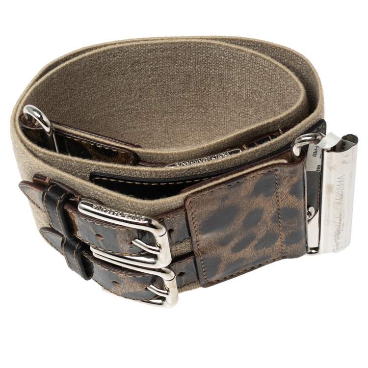 Pre Owned Dolce & Gabbana Beige Leopard Print Patent Leather and Elastic Canvas Waist Belt 80CM