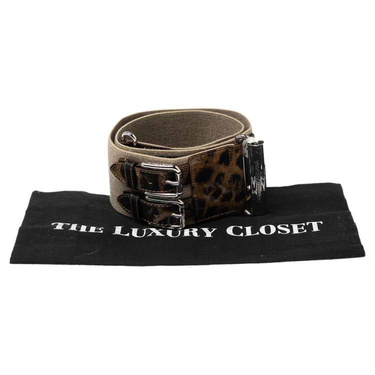 Pre Owned Dolce & Gabbana Beige Leopard Print Patent Leather and Elastic Canvas Waist Belt 80CM