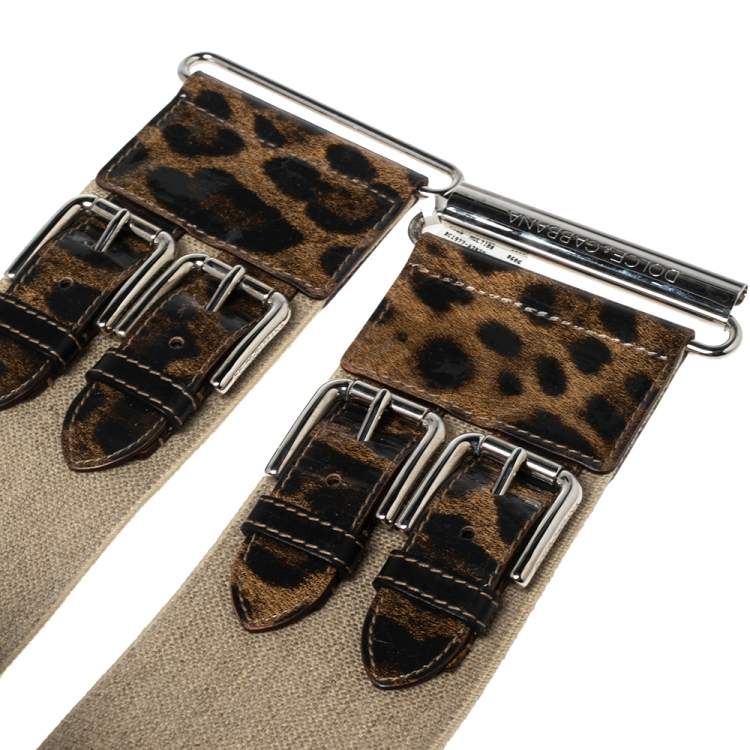 Pre Owned Dolce & Gabbana Beige Leopard Print Patent Leather and Elastic Canvas Waist Belt 80CM