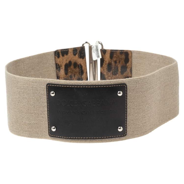 Pre Owned Dolce & Gabbana Beige Leopard Print Patent Leather and Elastic Canvas Waist Belt 80CM