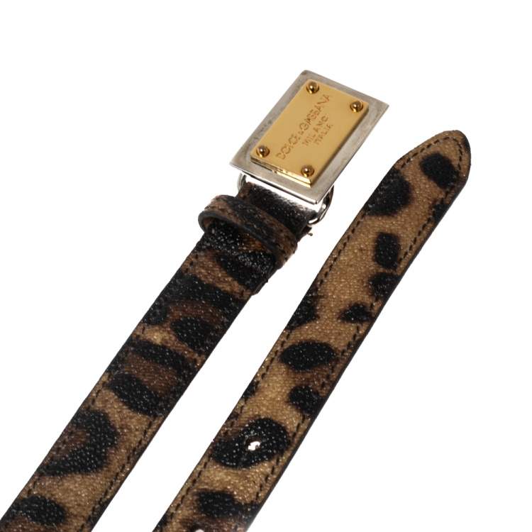 Pre Owned Dolce & Gabbana Brown/Black Leopard Print Coated Canvas Logo Plague Belt 80CM