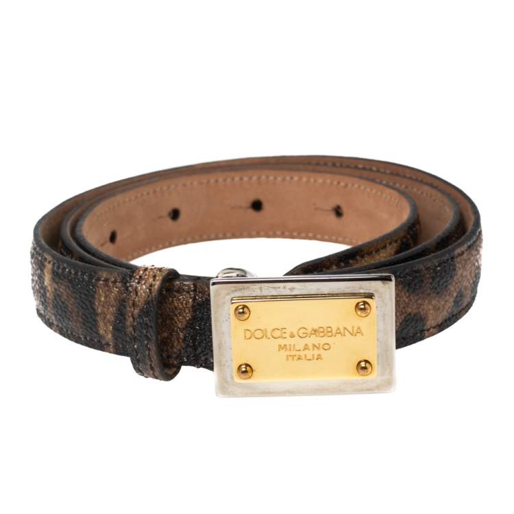 Pre Owned Dolce & Gabbana Brown/Black Leopard Print Coated Canvas Logo Plague Belt 80CM