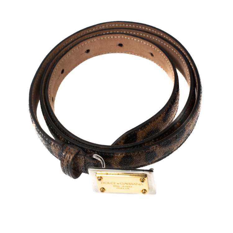 Pre Owned Dolce & Gabbana Brown/Black Leopard Print Coated Canvas Logo Plague Belt 80CM