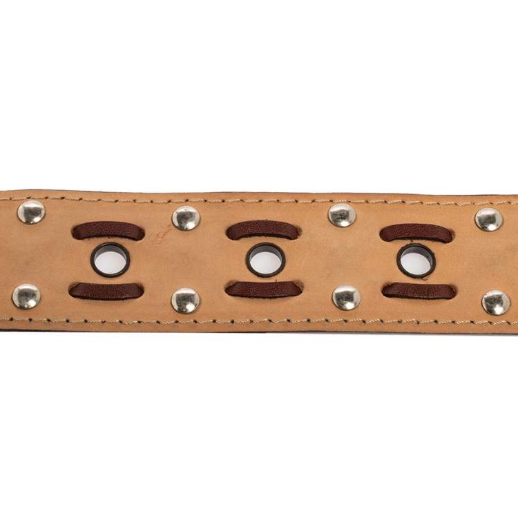 Pre Owned Dolce & Gabbana Brown Leather Grommet Studded DG Logo Belt 95CM