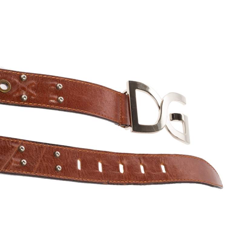 Pre Owned Dolce & Gabbana Brown Leather Grommet Studded DG Logo Belt 95CM