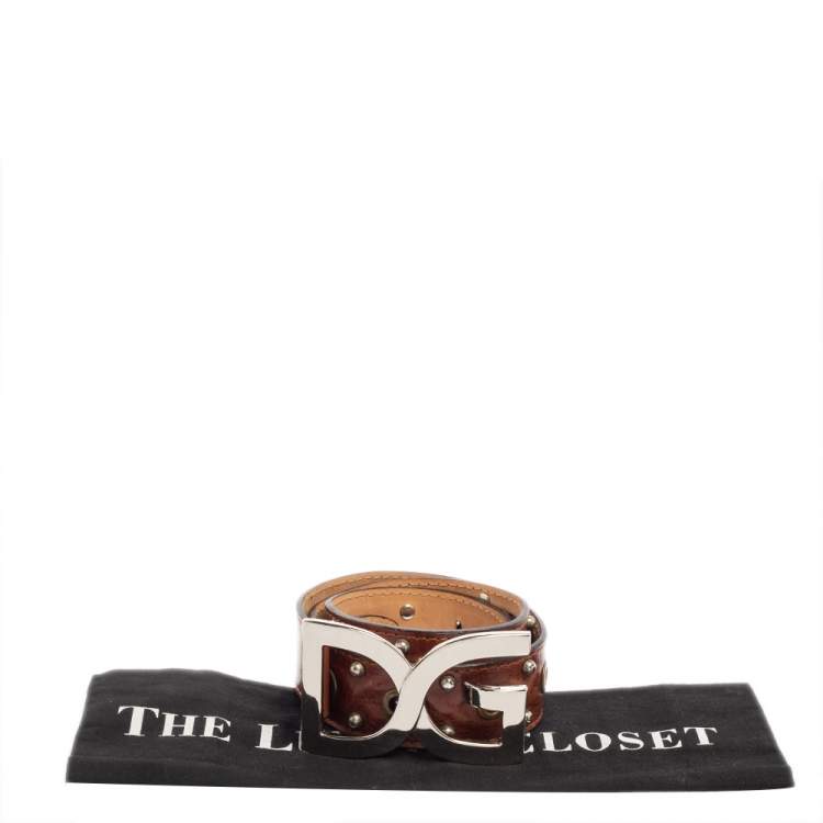 Pre Owned Dolce & Gabbana Brown Leather Grommet Studded DG Logo Belt 95CM