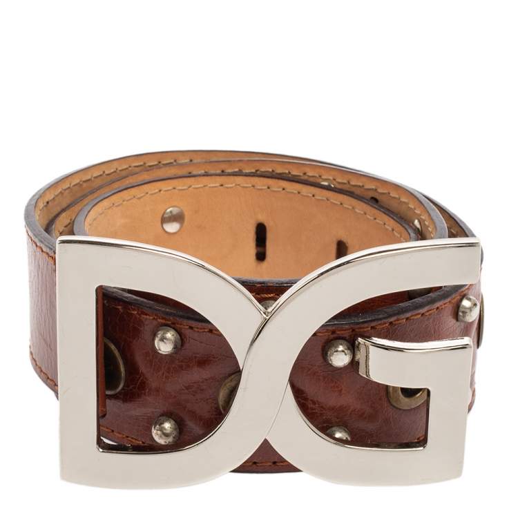 Pre Owned Dolce & Gabbana Brown Leather Grommet Studded DG Logo Belt 95CM