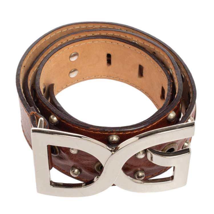 Pre Owned Dolce & Gabbana Brown Leather Grommet Studded DG Logo Belt 95CM