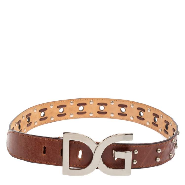 Pre Owned Dolce & Gabbana Brown Leather Grommet Studded DG Logo Belt 95CM