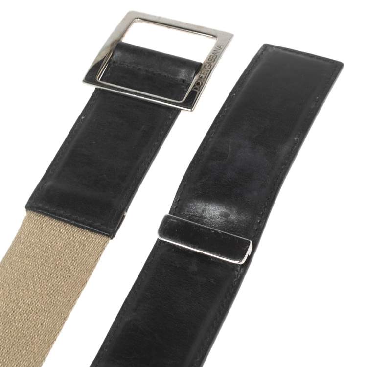 Pre Owned Dolce & Gabbana Black/Cream Canvas and Leather Buckle Belt 85CM