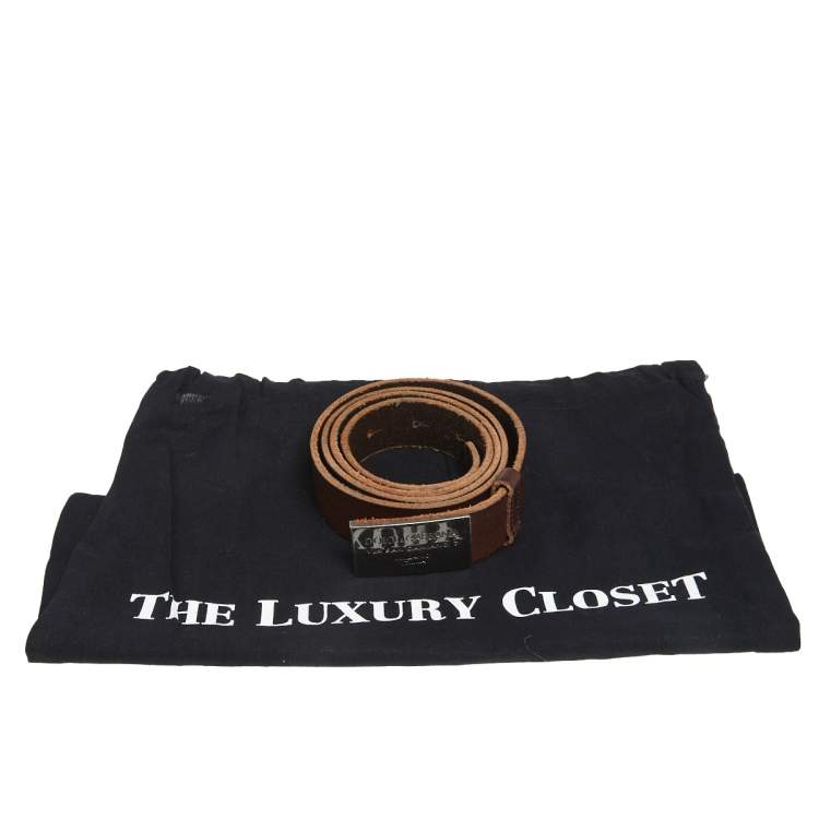 Pre Owned Dolce & Gabbana Brown Leather Metal Logo Plaque Belt 95CM